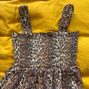 GANNI Leopard Pleated Georgette Flounce Smock Midi Dress